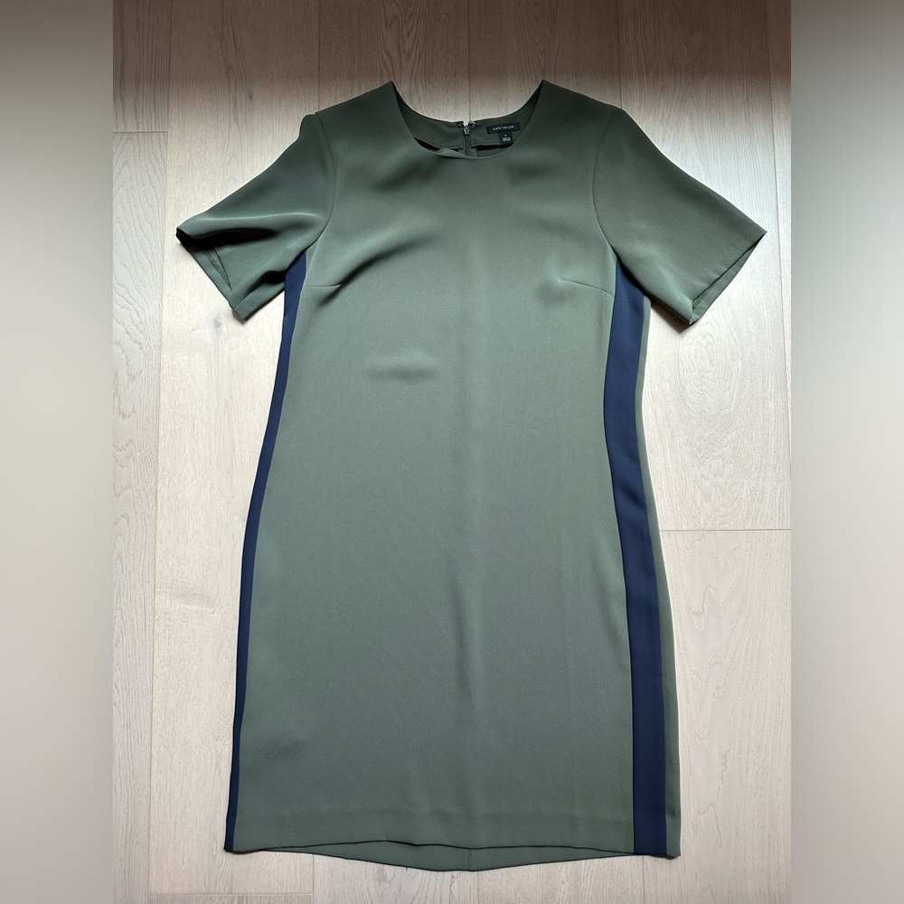 Ann Taylor Green A-Line Dress with Navy Stripes down the side